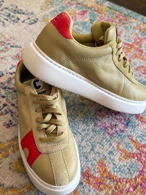 Camper Olive Green and Red Leather Platform Sneakers